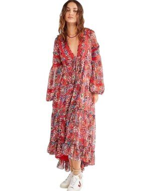 NWT FREE PEOPLE CASIS FLORAL BOHO MIDI DRESS BlOOMCORE FLOWER CHILD ROMANTIC MED